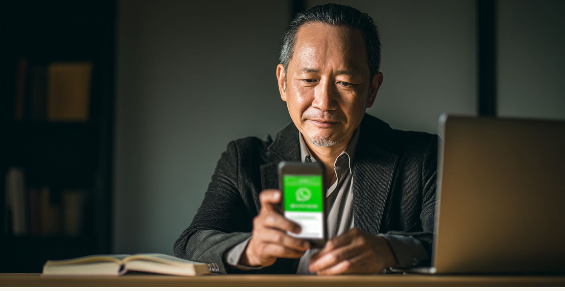 外国人とのやり取りで使うWhatsAppについて、スマートフォンを見ながら確認する日本人男性のイメージ