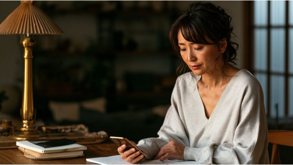 翻訳アプリを使っても外国人への返信文に迷っている中高年女性のイメージ