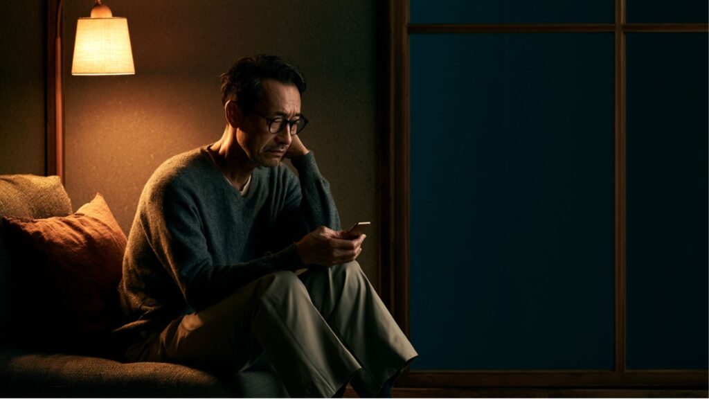 外国人からのメッセージと言葉の壁に困っている中高年男性のイメージ