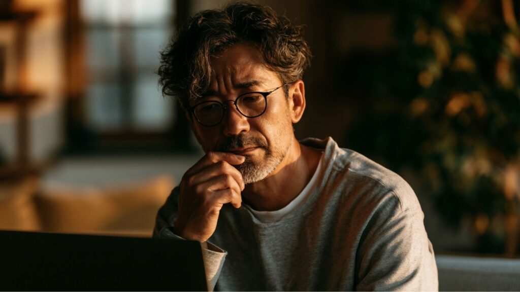 外国人への返信文が失礼にならないか不安そうに確認している中高年男性のイメージ