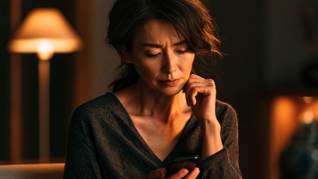 AI翻訳の結果を見ても意味が分からず不安そうな中高年女性のイメージ