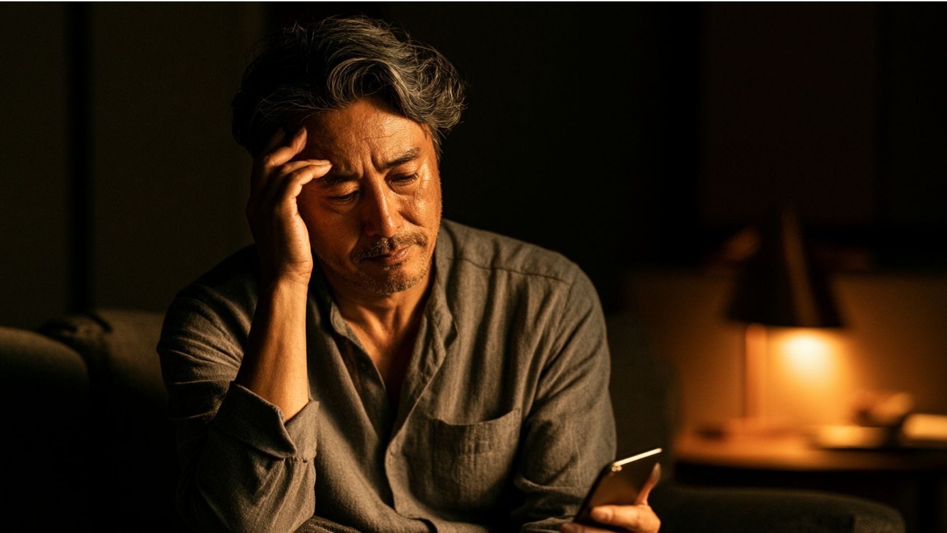 外国人からのメッセージを見て困っている中高年男性のイメージ