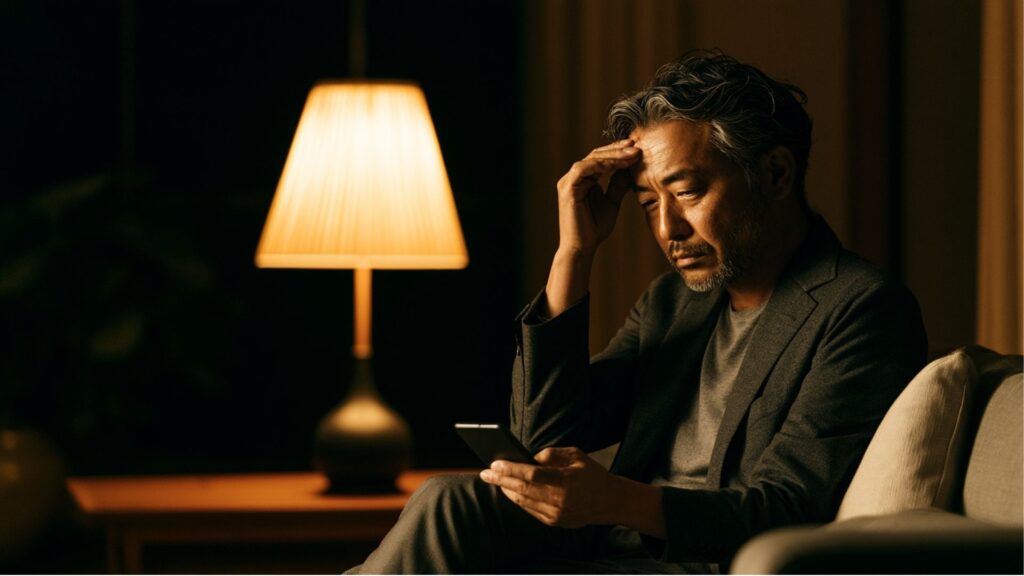 外国人からのメッセージが分からずスマホを見て困っている中高年男性のイメージ