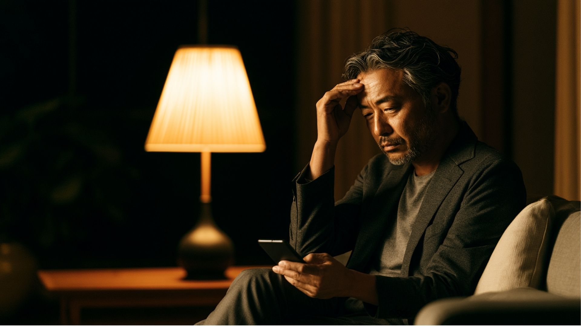 外国人からのメッセージが分からずスマホを見て困っている中高年男性のイメージ
