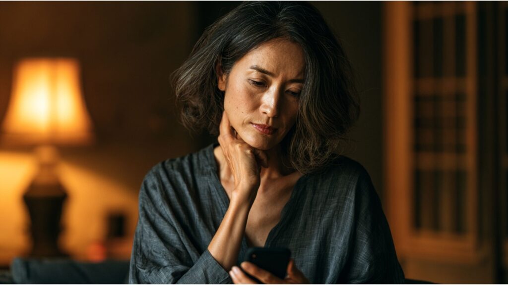 AI翻訳の結果を見ても外国人への返信文に迷っている中高年女性のイメージ